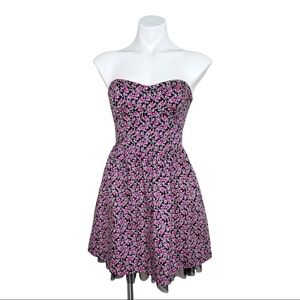 Black Poppy Sweetheart neckline Floral Skater Short Casual Dress Medium